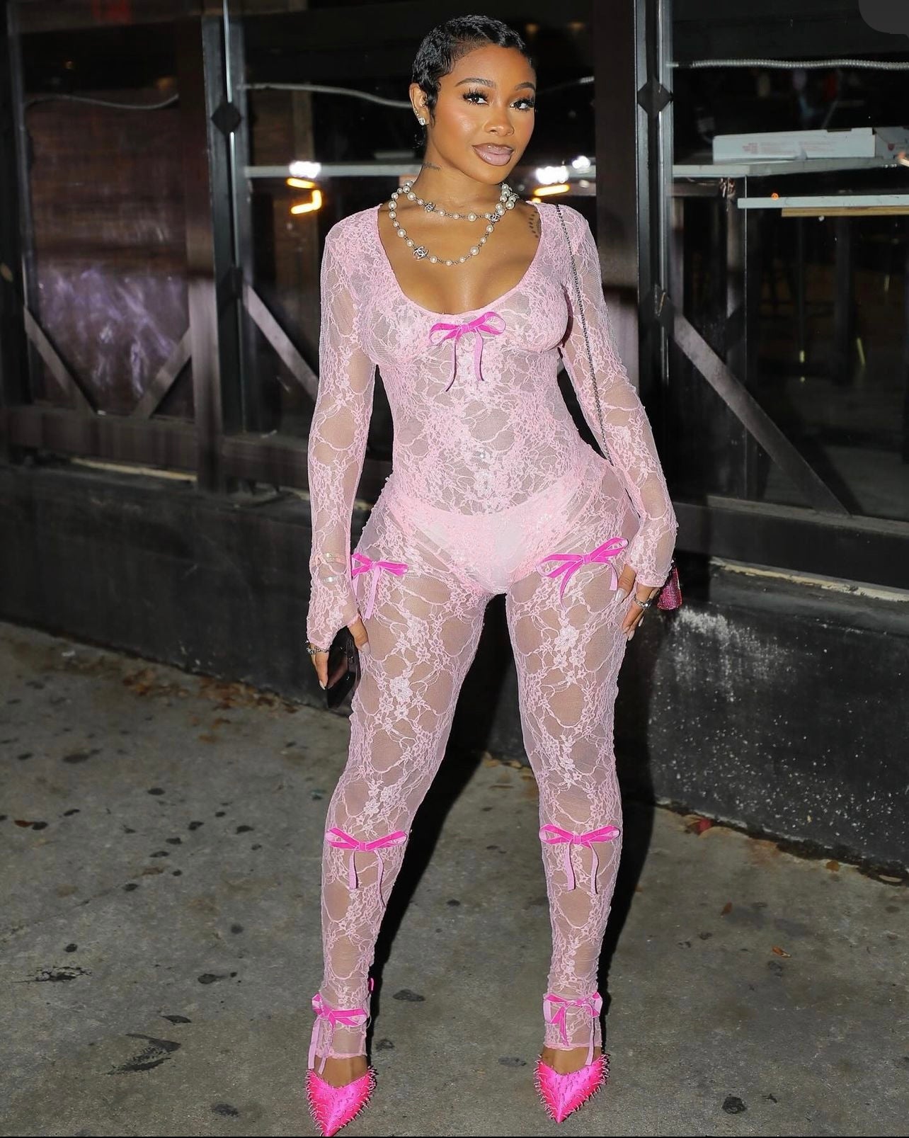 Pink Barbie see-through cutout high waist lace jumpsuit