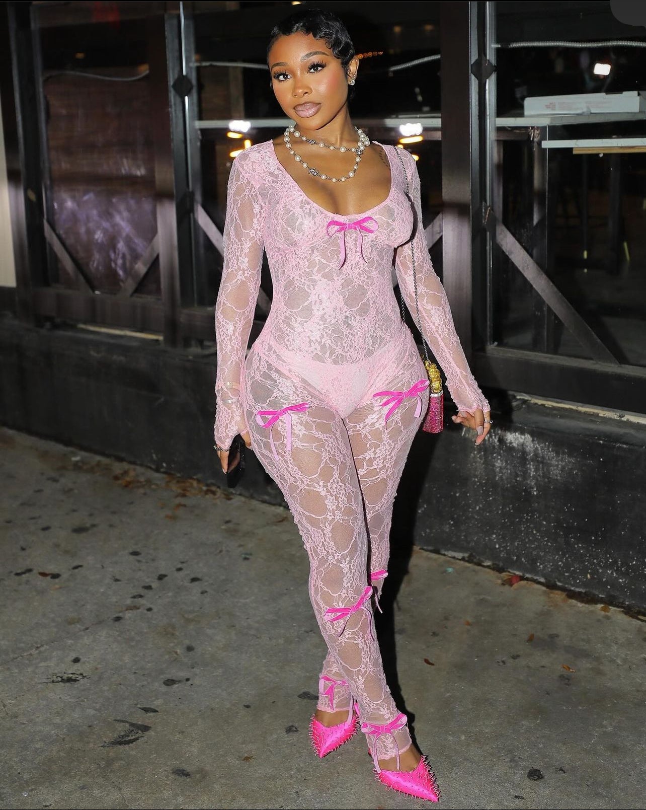 Pink Barbie see-through cutout high waist lace jumpsuit